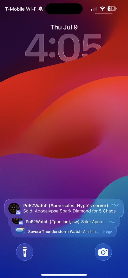 PoE2Watch Discord sale notification on a mobile lock screen